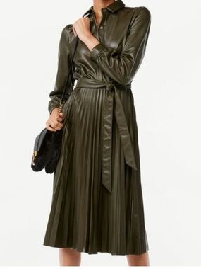 Faux Leather Pleated MIDI Dress Olive Green Chic Small NWT
